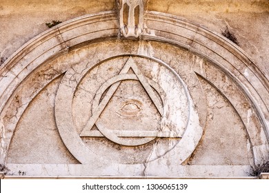 Conspiracy Theory Concept Of Illuminati Triangle And All Seeing Eye On An Ancient Temple