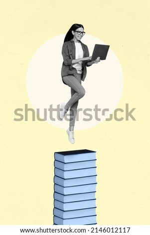 Constant profession learn concept. Collage of smart lady jump pile book use gadget isolated pastel color background