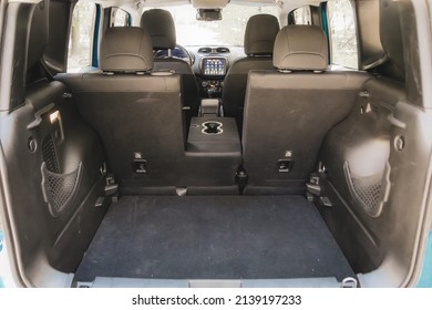 Constanta, Romania - August 14 2020: Jeep Renegade SUV Trunk Shot With Middle Seat Armrest Laid Down