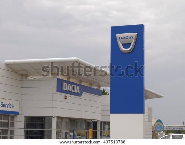 CONSTANTA, ROMANIA - JUNE 12, 2016. Dacia logo in front\
of the service building. Automobile Dacia S.A. is a Romanian car\
manufacturer, subsidiary of the French car manufacturer Renault\
since 1999. 