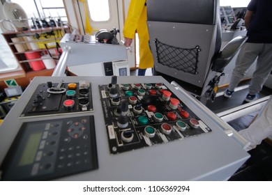 CONSTANTA, ROMANIA - MAY 19, 2018: Tug Boat Control Equipment In The Captain’s Control Cabin