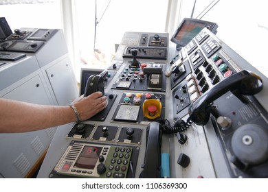 CONSTANTA, ROMANIA - MAY 19, 2018:  Tug Boat Control Equipment In The Captain’s Control Cabin