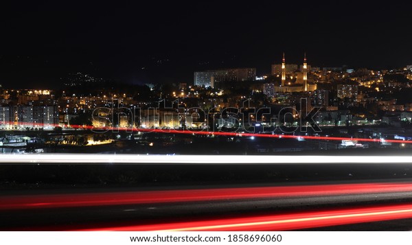 constantine algeria , the
city of constantine at night with light trails , night time
photography algeria
