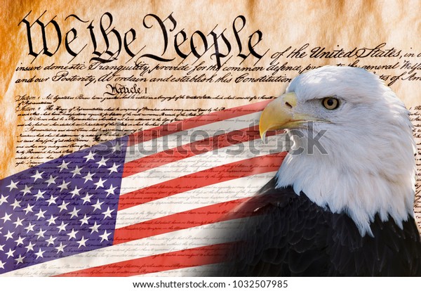 Constitution of America, We the People with bald\
eagle and American\
flag.