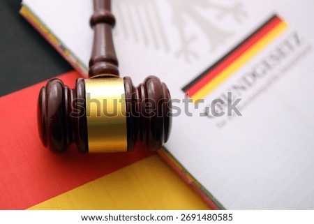 The constitution basic law book of Germany and judge hammer lies on Gremany flag background close up