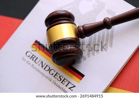 The constitution basic law book of Germany and judge hammer lies on Gremany flag background close up