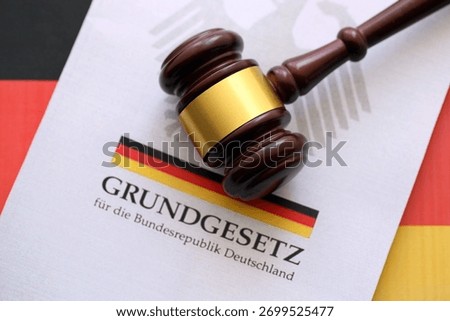 The constitution basic law book of Germany and judge hammer lies on Gremany flag background close up