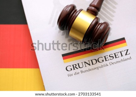 The constitution basic law book of Germany and judge hammer lies on Gremany flag background close up