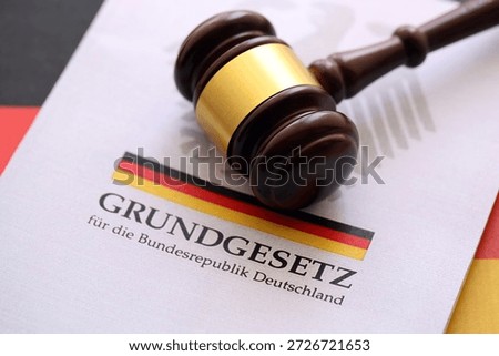 The constitution basic law book of Germany and judge hammer lies on Gremany flag background close up