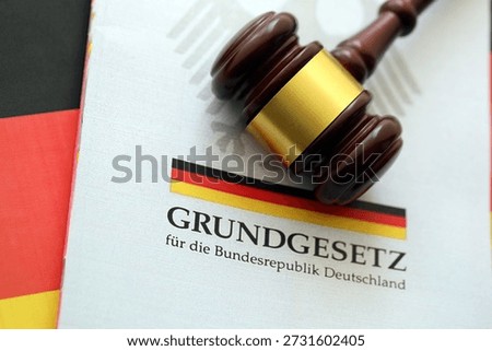 The constitution basic law book of Germany and judge hammer lies on Gremany flag background close up