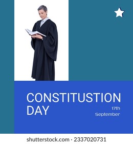 Constitution day text in white on blue with caucasian female attorney in gown reading book. American constitution and federal government law celebration day digitally generated image. - Powered by Shutterstock