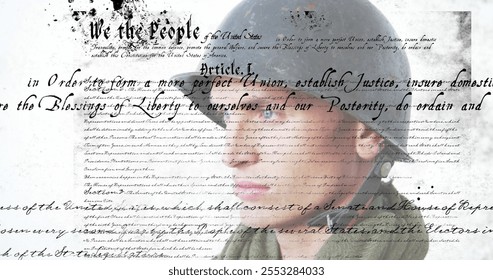 Constitution text image over close-up of person wearing military uniform. Patriotism, service member, honor, national, dedication, duty