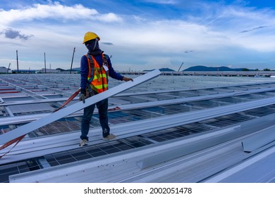 Constructio N Worker Wearing Safety Harness For Working Installation Metal Roofsheet At Roof Top Of Warehouse.