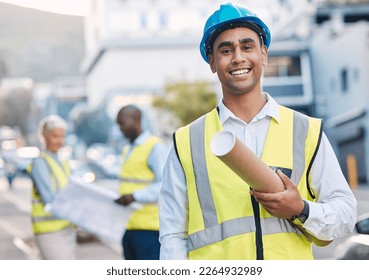 Construction, architect and blueprint with man in portrait, smile and project plan at job site, contractor and happy leader. Mockup space, helmet for safety and architecture in building industry