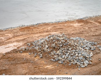 Construction area, stack of stone water dam
