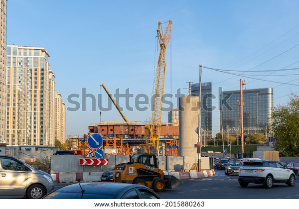 Construction of an\
automobile overpass in North-Eastern Khorda at the intersection of\
Serebryakova Proezd and Selskokhozyaistvennaya Street. Russia,\
Moscow - June 26,\
2020