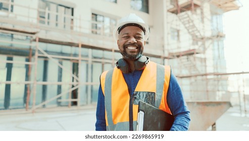 Construction, black man and clipboard, building and inspection, manage work at job site, construction worker and inspector smile in portrait. Engineer, builder and scaffolding for renovation. - Shutterstock ID 2269865919