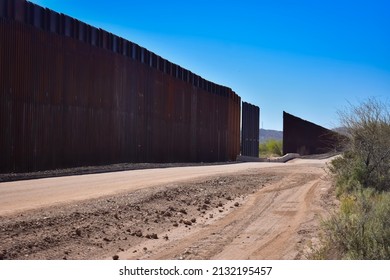 Construction of the border wall along the international boundary between Mexico and the United States. Photographed in Organ Pipe Cactus National Monument, Arizona, USA.