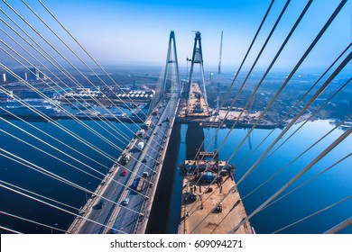 Construction bridge across the river 