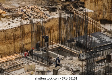 Construction Builders Working Together Positioning Concrete Stock Photo ...