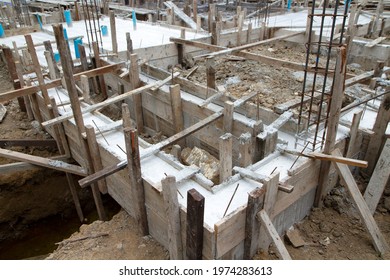 Construction Of Building. Concrete Slab Foundation Building. 