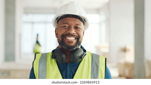 Construction, building and construction worker, man and smile in portrait, employee at construction site with work vest and safety helmet. Working, architecture industry and renovation job. - Powered by Shutterstock