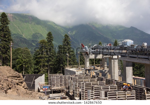 construction of the cable way in the mountains\
(Krasnaya Polyana, Sochi,\
Russia)