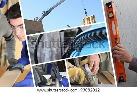 Construction collage with closeup details of carpentry