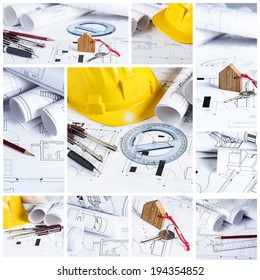 Construction collage concept with blueprints and architect tools