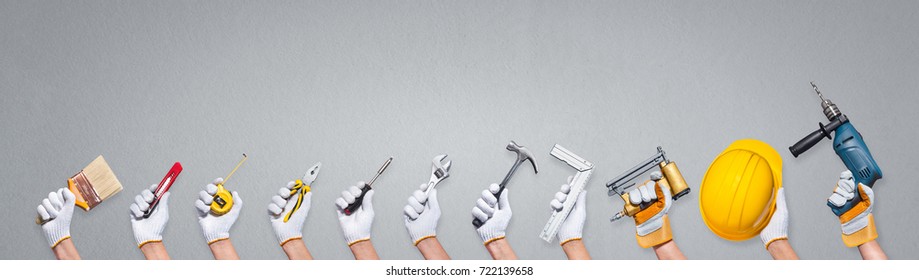 construction concept hands with all of tools supplies for home construction builder and copy space - Shutterstock ID 722139658