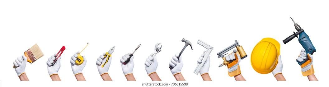 construction concept hands with all of tools supplies for home construction builder and copy space isolated on white background