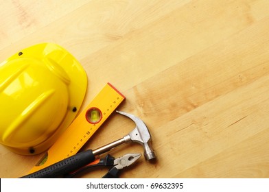 Construction Concept With Hard Hat Working Tools And Copyspace