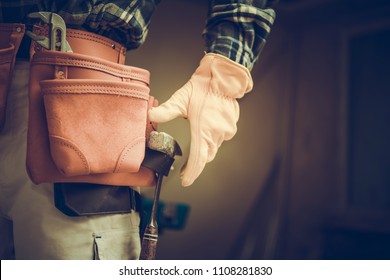 Construction Contractor Belt With Tools. Worker Ready For The Remodeling Job