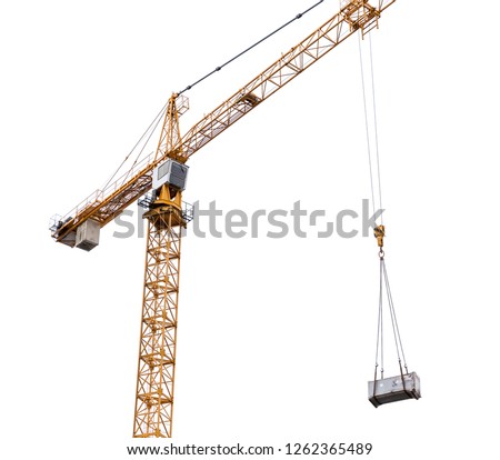 Construction crane lifting cargo isolated on withe background