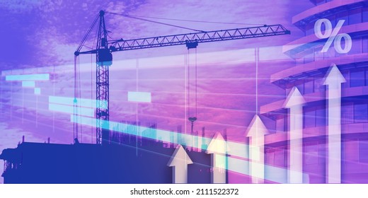 Construction Crane On Construction Site, Finished Building And Schedule For Implementation Of Various Stages Of The Project. Planning Concept In Construction Industry, Business Investments