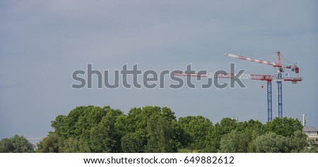 Construction crane towering above the trees, city and nature, cranes, Bordeaux, France