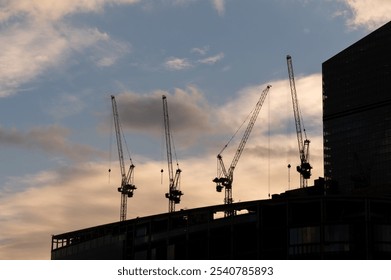 Construction cranes against dramatic sky. High rise building construction. Sunset or sunrise. - Powered by Shutterstock