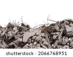 Construction debris close-up of a pile of gray concrete fragments, bricks, rebar isolated on a white background.