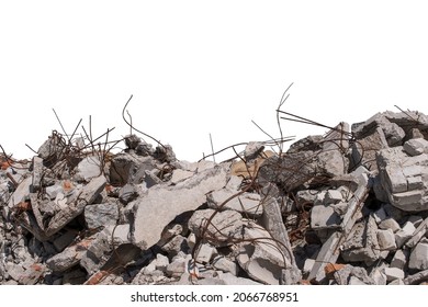 Construction Debris Close-up Of A Pile Of Gray Concrete Fragments, Bricks, Rebar Isolated On A White Background.