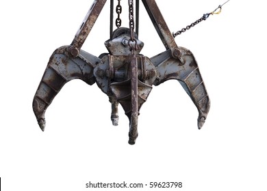 Construction derrick claw hovering. Rusty with lots of grunge. Cutout. With work path.