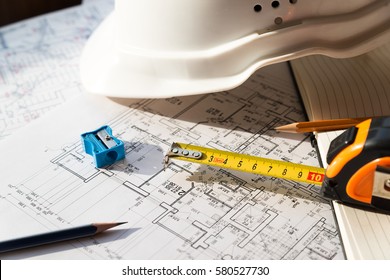 In The Construction Drawing Are Pencil, Helmet And Roulette