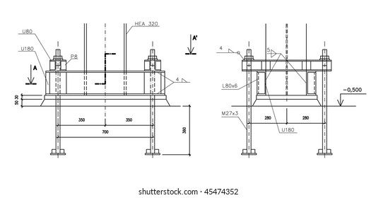 Construction Drawing Steel Column Anchoring Foto de stock 45474352