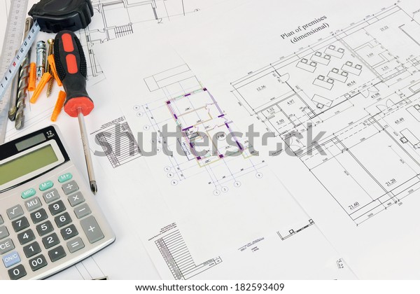 Construction Drawings Calculator Tape Measure Drill Stock Image