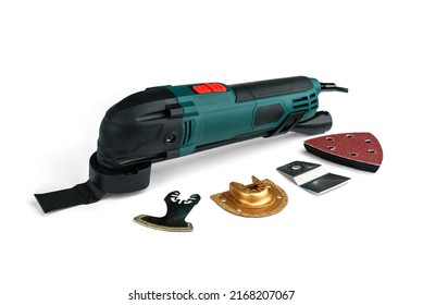 Construction Electric Multifunction Tool With Accessories Isolated On White Background.