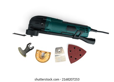 Construction Electric Multifunction Tool With Accessories Isolated On White Background. Top View.