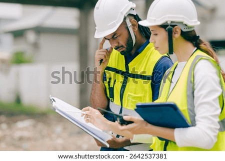 Construction engineer builder stressed solving problem meeting site auditor women with floorplan mistake