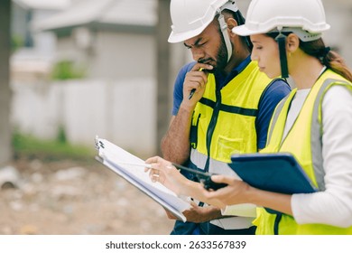 Construction engineer foreman thinking solving problem when talking with site manager about problem