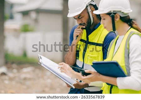 Construction engineer foreman thinking solving problem when talking with site manager about problem