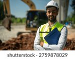 A construction engineer hard hat safety vest clipboard excavator site outdoor male confident, professional portrait with clipboard near excavator on site, confident, outdoor engineer at work