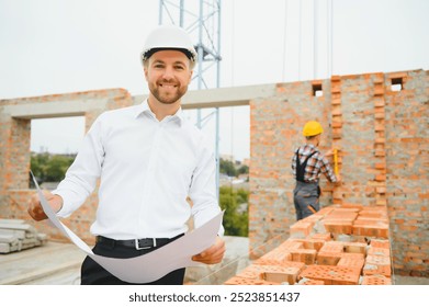 Construction engineer supervising progress of construction project stand on new concrete floor top roof and crane background